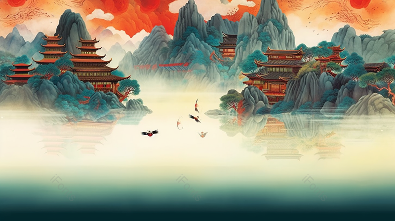 小鸟飞翔国风古典山川湖泊河流植物风景插画,插画/手绘图,插画/手绘图库,插画/手绘图下载,插画/手绘